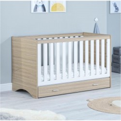 Babymore Veni Cot Bed with Drawer, Warm Oak & White