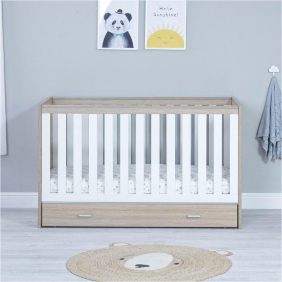 Babymore Veni Cot Bed with Drawer, Warm Oak & White