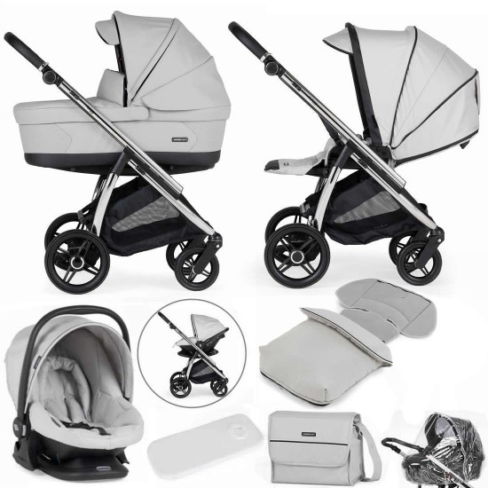 Bebecar Flowy Trio 3 in 1 Travel System + Raincover, FREE Bag & Footmuff, Light Grey / Chrome