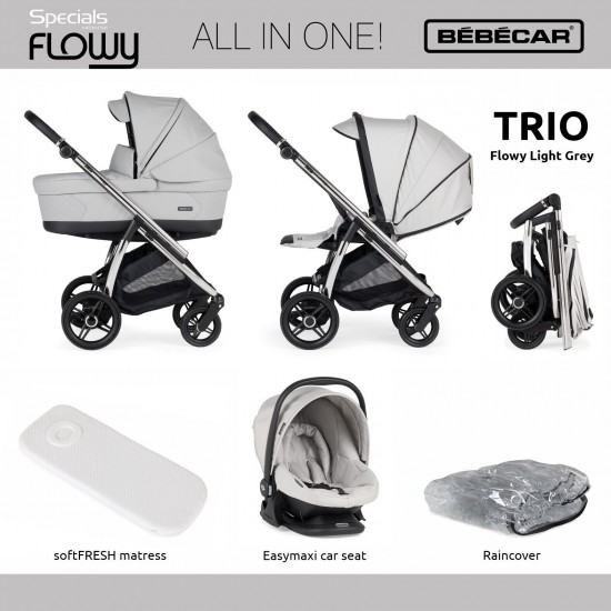 Bebecar Flowy Trio 3 in 1 Travel System + Raincover, FREE Bag & Footmuff, Light Grey / Chrome