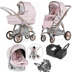 Bebecar Ip-Op Classic XL Trio 3 in 1 Travel System + Lie Flat Car Seat, Raincover & FREE Isofix Base, Rose Blush