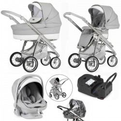 Bebecar Ip-Op Classic XL Trio 3 in 1 Travel System + Lie Flat Car Seat, Raincover & FREE Isofix Base, Silver Grey