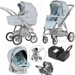 Bebecar Ip-Op Classic XL Trio 3 in 1 Travel System + Lie Flat Car Seat, Raincover & FREE Isofix Base, Baby Blue