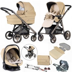 Bebecar V-Pack Complete Travel System + Lie Flat Car Seat, Raincover, LA3 Kit, Bag & Footmuff, Caramel