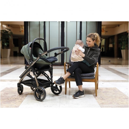 Bebecar Wei Complete Travel System + Lie Flat Car Seat, Raincover & FREE Bag, Soft Green
