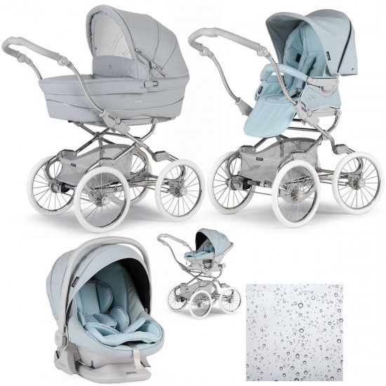 Bebecar Stylo Class+ Pram + Lie Flat Car Seat Travel System, Raincover, Sky Blue Bebecar Stylo Class+ Pram + Lie Flat Car Seat Travel System, Raincover, Sky Blue