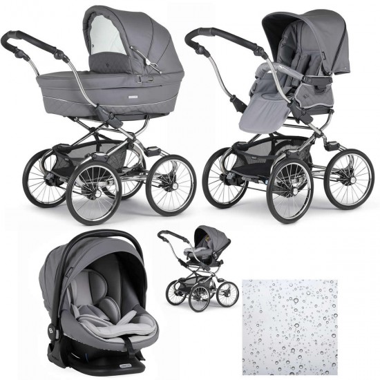 Bebecar Stylo Class+ Pram + Lie Flat Car Seat Travel System, Raincover, Stormy Grey