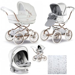 Bebecar Stylo Class+ Pram + Lie Flat Car Seat Travel System, Raincover, White Rose