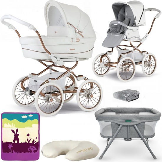 Bebecar Stylo Class+ 2 in 1 Pram + Raincover & FREE Crib, Blanket & Nursing Pillow, White Rose