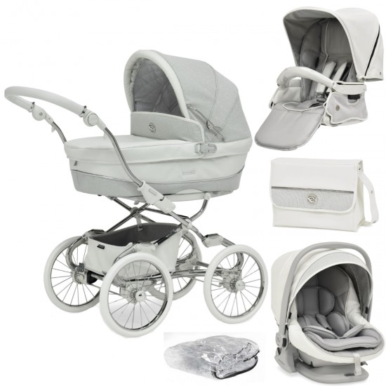 Bebecar Prive Stylo Class+ Pram + i-Size Car Seat Travel System + Raincover & FREE Bag, White Sparkle