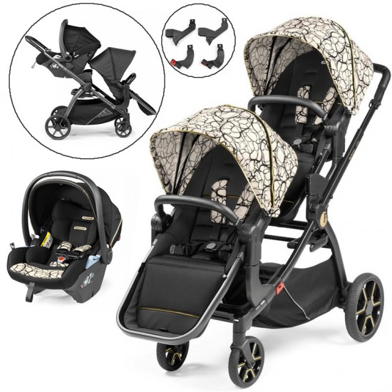 Peg Perego Ypsi Double Stroller Bundle + 1 Lounge Car Seat, Graphic Gold