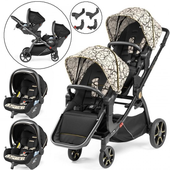 Peg Perego Ypsi Twin Stroller Bundle + 2 Lounge Car Seats, Graphic Gold