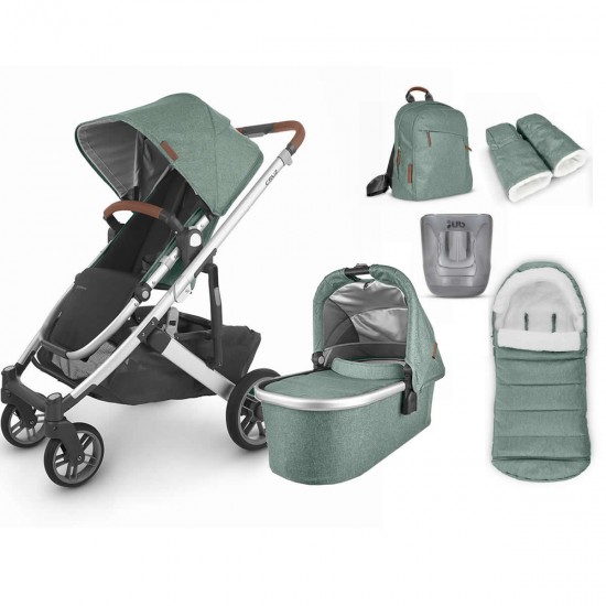 Uppababy CRUZ V2 Pushchair + Carrycot & 4 Piece Accessory Bundle, Emmett Sage Green Melange - 2025 BLACK FRIDAY DEAL