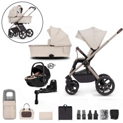 Venicci Upline 3 in 1 with Tiago 360 Car Seat + Base Complete Travel System Bundle + FREE Height Adjusters, Stone Beige